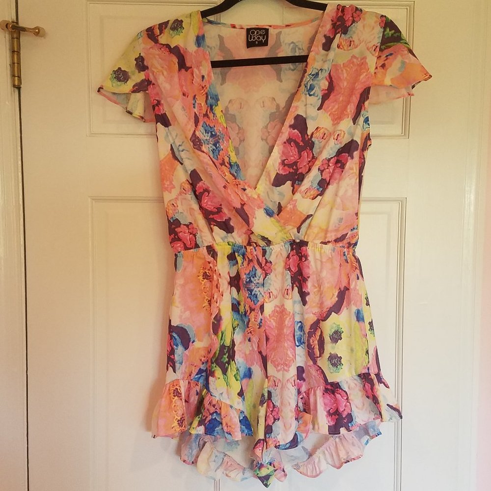 Colorful Floral Ruffle Sleeve and Hem Romper